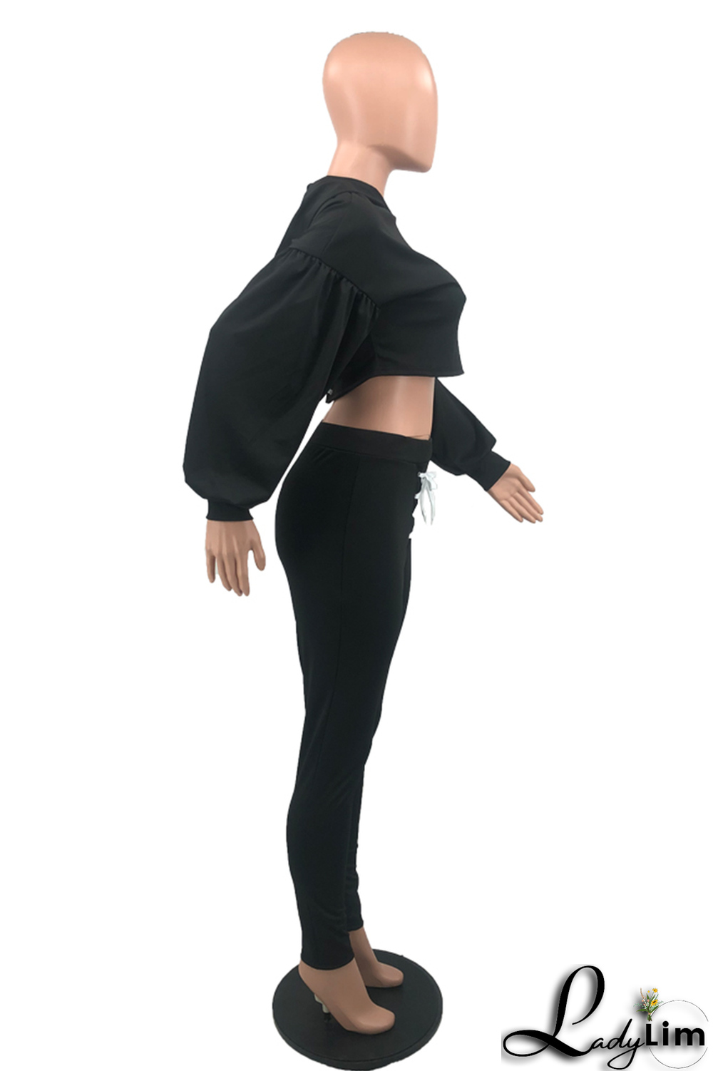 Black Casual Solid Draw String O Neck Long Sleeve Two Pieces