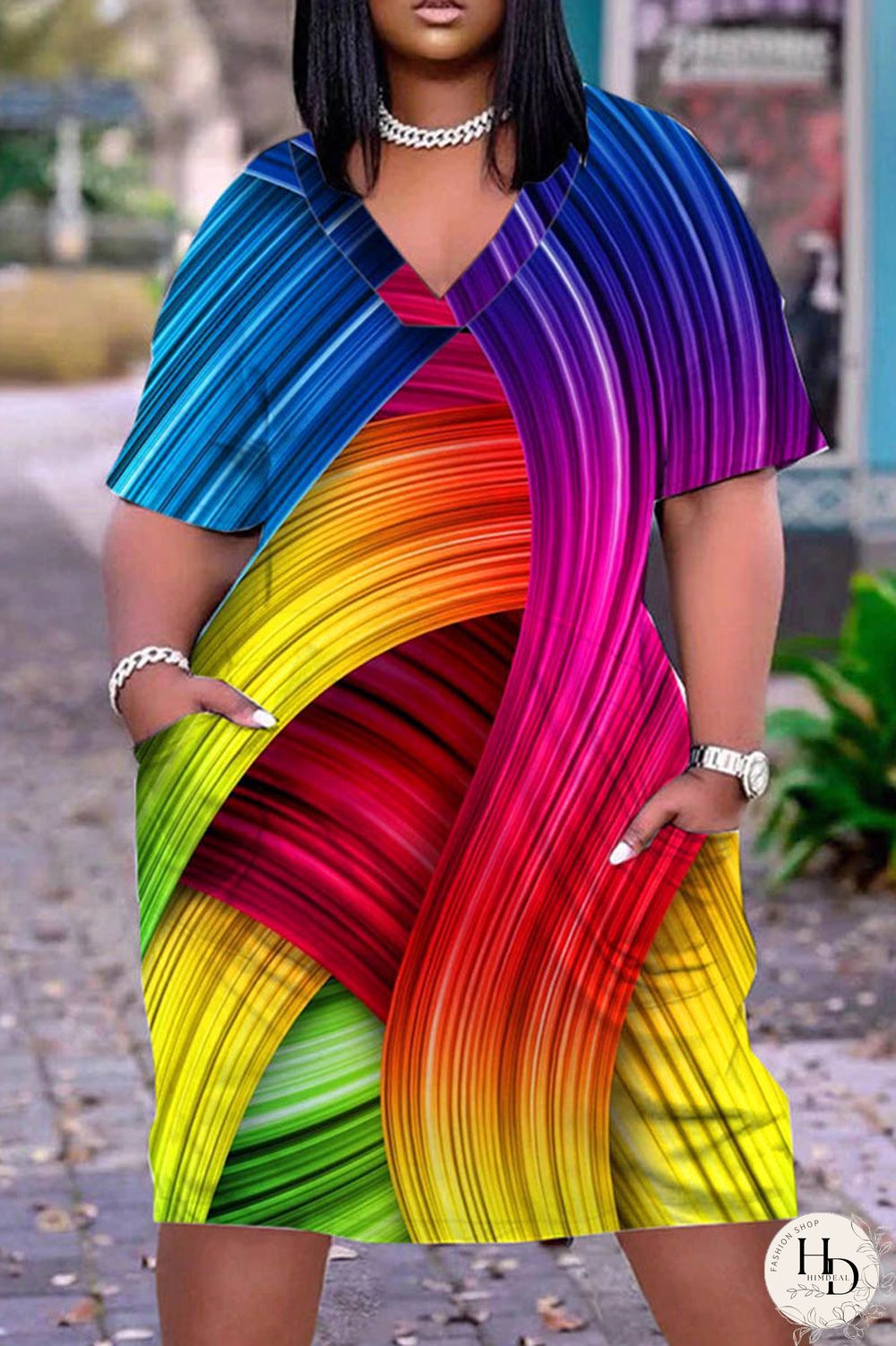 Blue Casual Print Basic V Neck Short Sleeve Dress Dresses