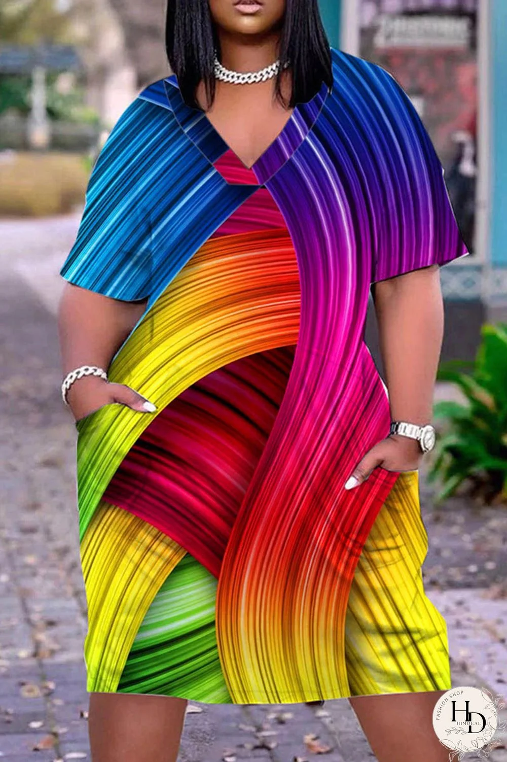 Blue Casual Print Basic V Neck Short Sleeve Dress Dresses