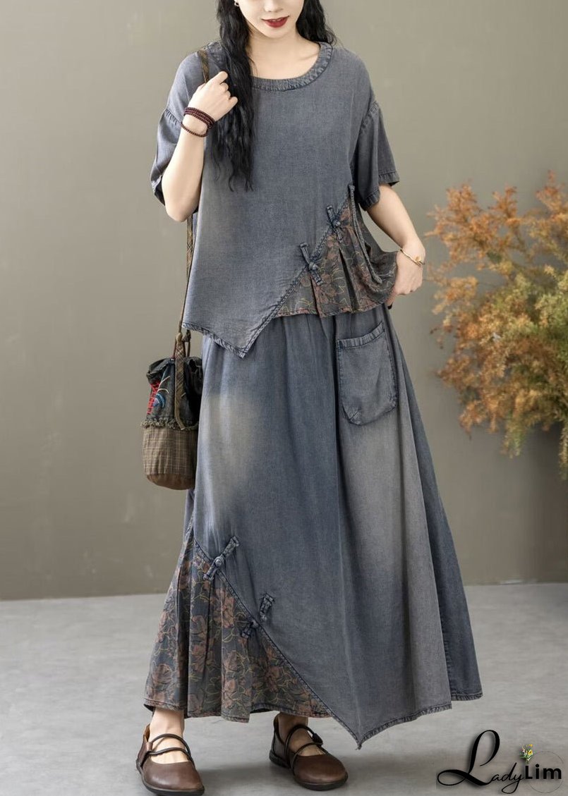 Chic Blue Print T Shirt And Skirts Two Piece Set Short Sleeve