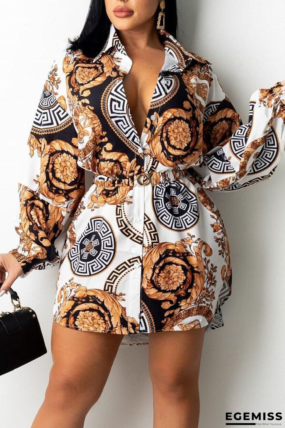 Yellow Casual Print Patchwork Buckle With Belt Turndown Collar Shirt Dress Dresses | EGEMISS