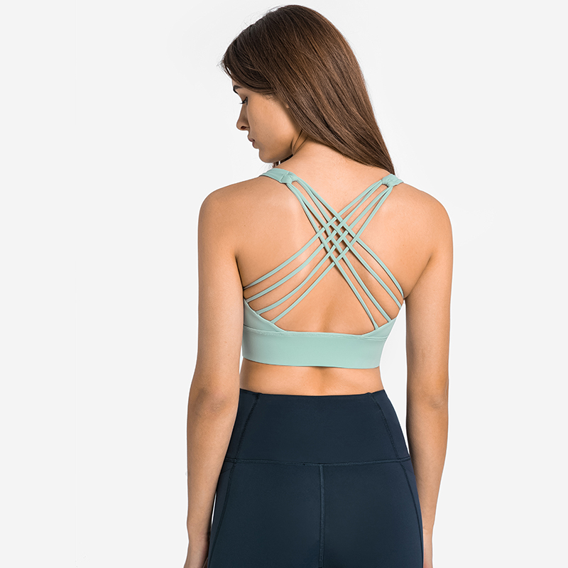 Glazed green Hergymclothing criss cross straps double sided brushed nylon shock absorber push up sports bra for sale