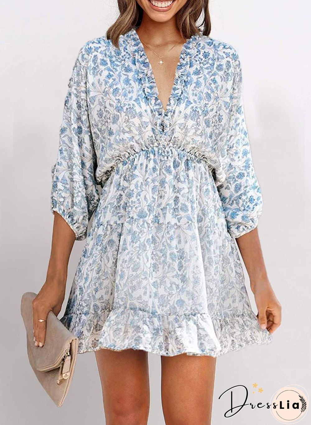 Ditsy Floral Prints Ruffle Edge Tiered Long Sleeve Boho Dress
