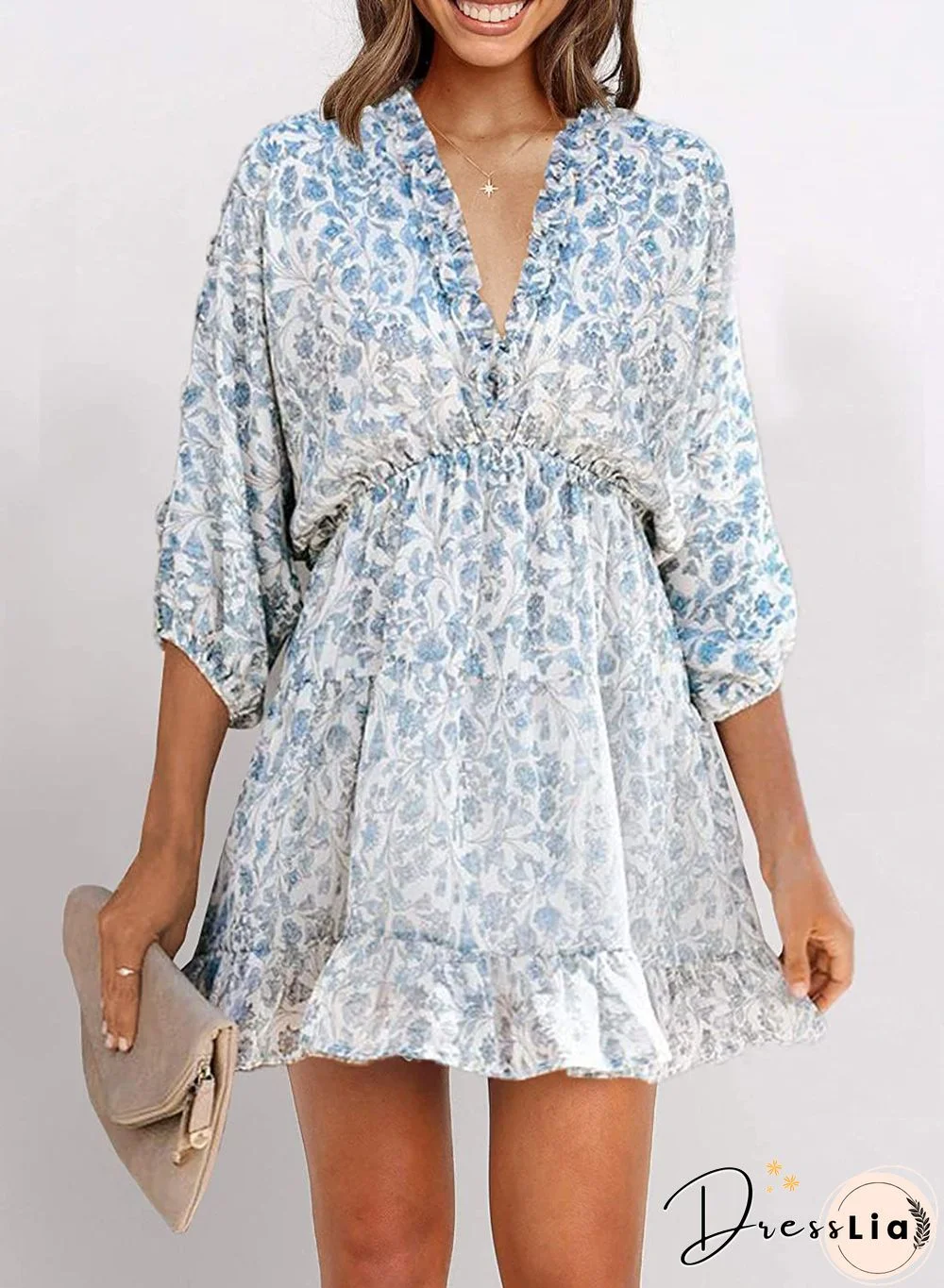 Ditsy Floral Prints Ruffle Edge Tiered Long Sleeve Boho Dress