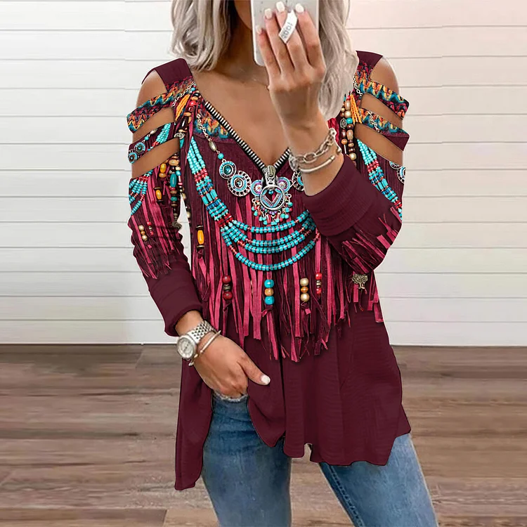 Western Tassel Bead Printed Hollow Out T-Shirt