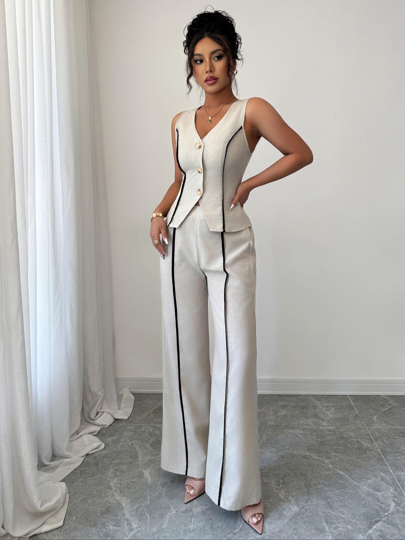Colorblock V-Neck Sleeveless Button Vest Set Suits with Wide Leg Pants, Spring & Fall Fashion, Minimalist, Slim Fit, Plain Pattern, Natural Waist, Womenswear
