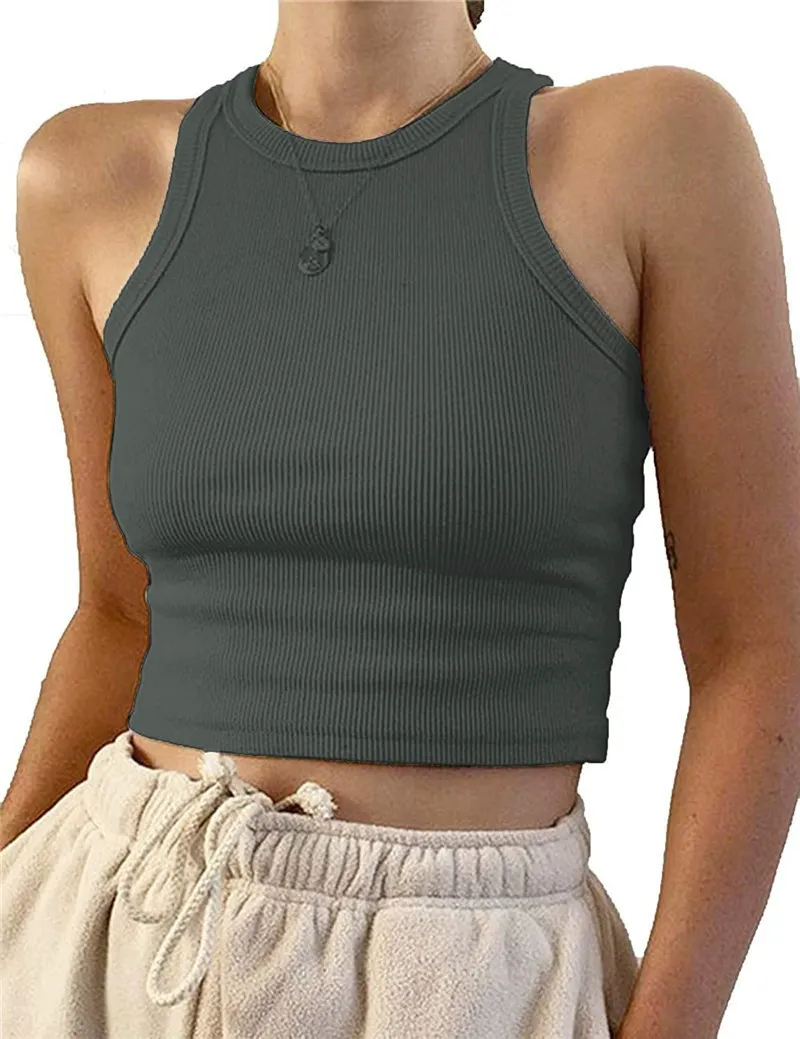 Uveng Uveng Women's New Women's Sexy Sleeveless Round Neck Rib Knit Vest Crop Top