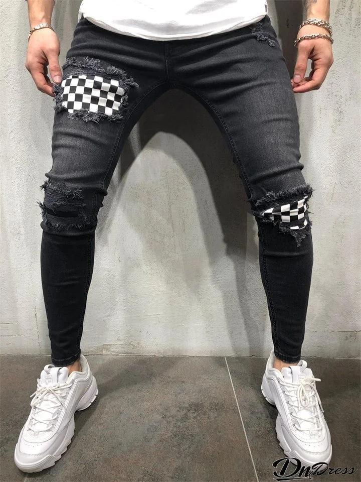 Male Casual Ripped Black White Plaid Patchwork Jeans