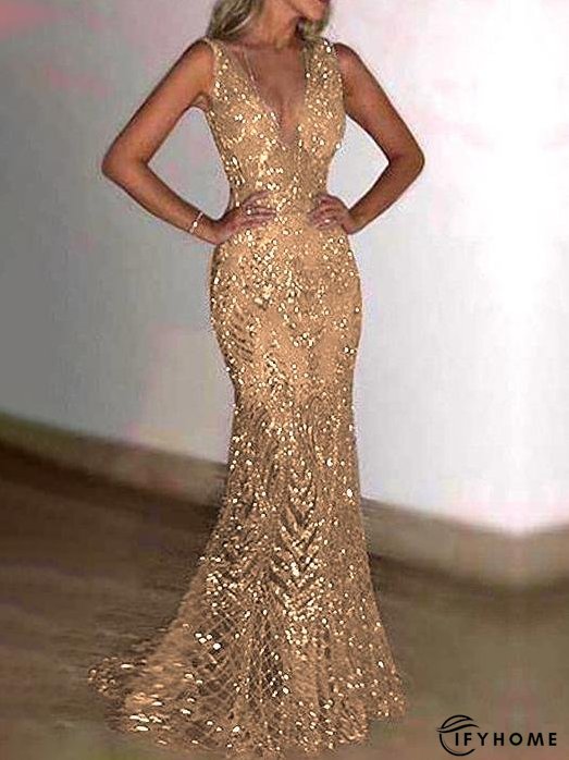 Sleeveless Deep V Neck Sequin Party Evening Long Dress | IFYHOME