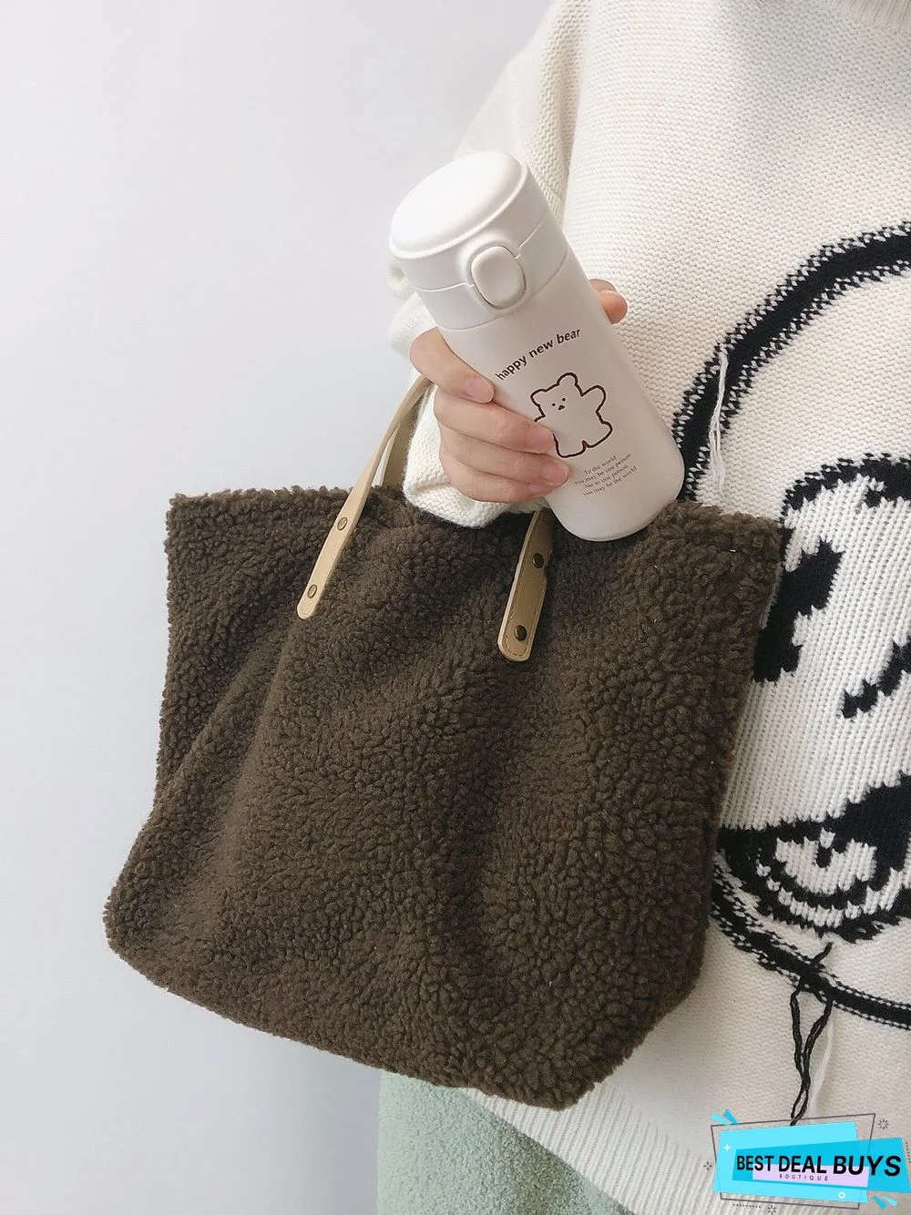 Pure Color Lambswool Large Capacity Handbag