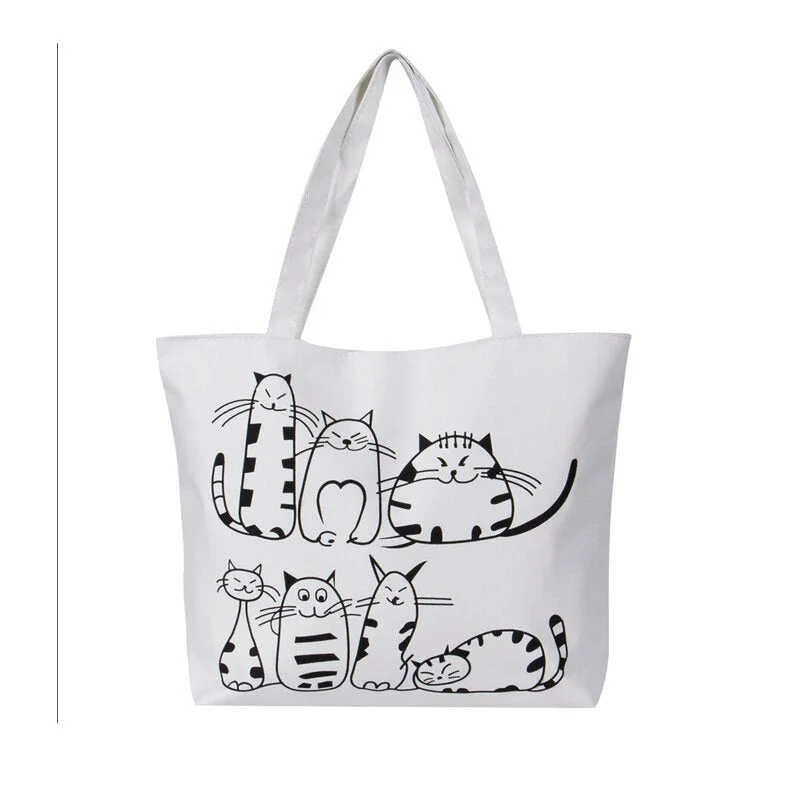 Women Canvas Handbag cartoon Cat Printed Shoulder bag Female Large Capacity Ladies Beach Bag Women Canvas Tote Shopping Handbags