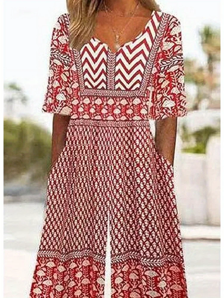 Fashion Stripe 3d Digital Stain Ethnic Style Three-Quarter Sleeve Pants Women's Leisure Suit