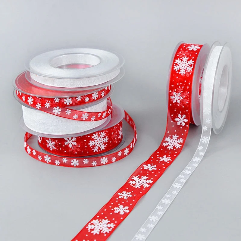10m Snowflake Printer Organza Ribbon for Christmas Gift Wrapping Packaging Decoration Birthday Party DIY Handmade Crafts Bowknot