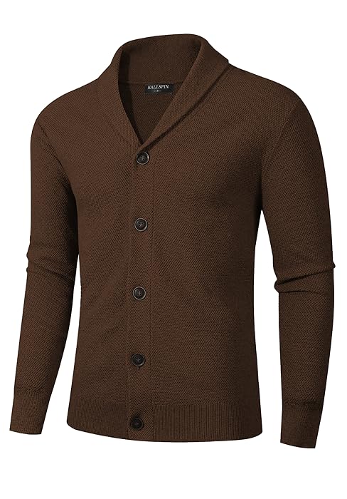 Kallspin Men's Wool Blend Plaited Cable Sweater Cardigan Shawl Neck Long Sleeve Knitted Sweater