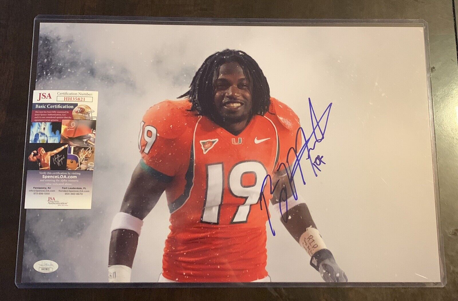 BRANDON MERIWEATHER 11x17 Signed Photo Poster painting U OF MIAMI FOOTBALL JSA/COA HH35821