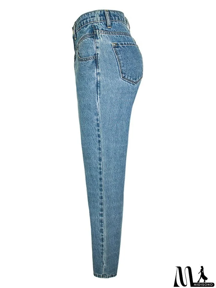 MidiSono - Daily Casual Style Washed Effect Slim Fit Harem Pants Denim Jeans for Women