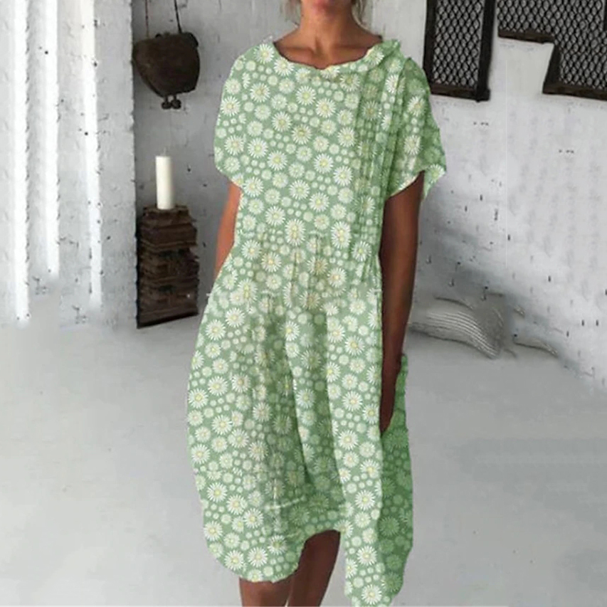 Simple Round Neck Short Sleeve Printed Midi Dress artswardrobe