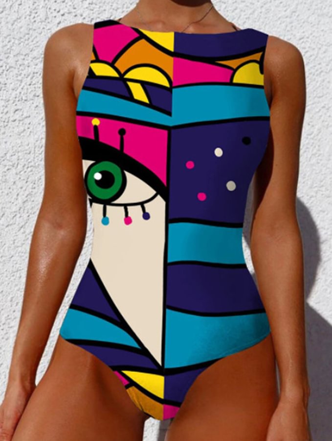 Graffiti Abstract Print Wide Strap High Neck Backless Swimsuit