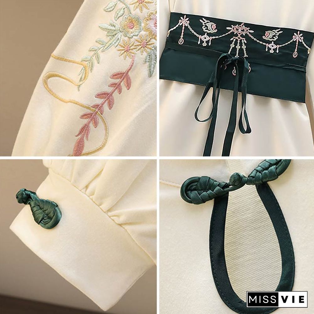 Vintage Crane Embroidery Plush Hooded Sweatshirt Dress