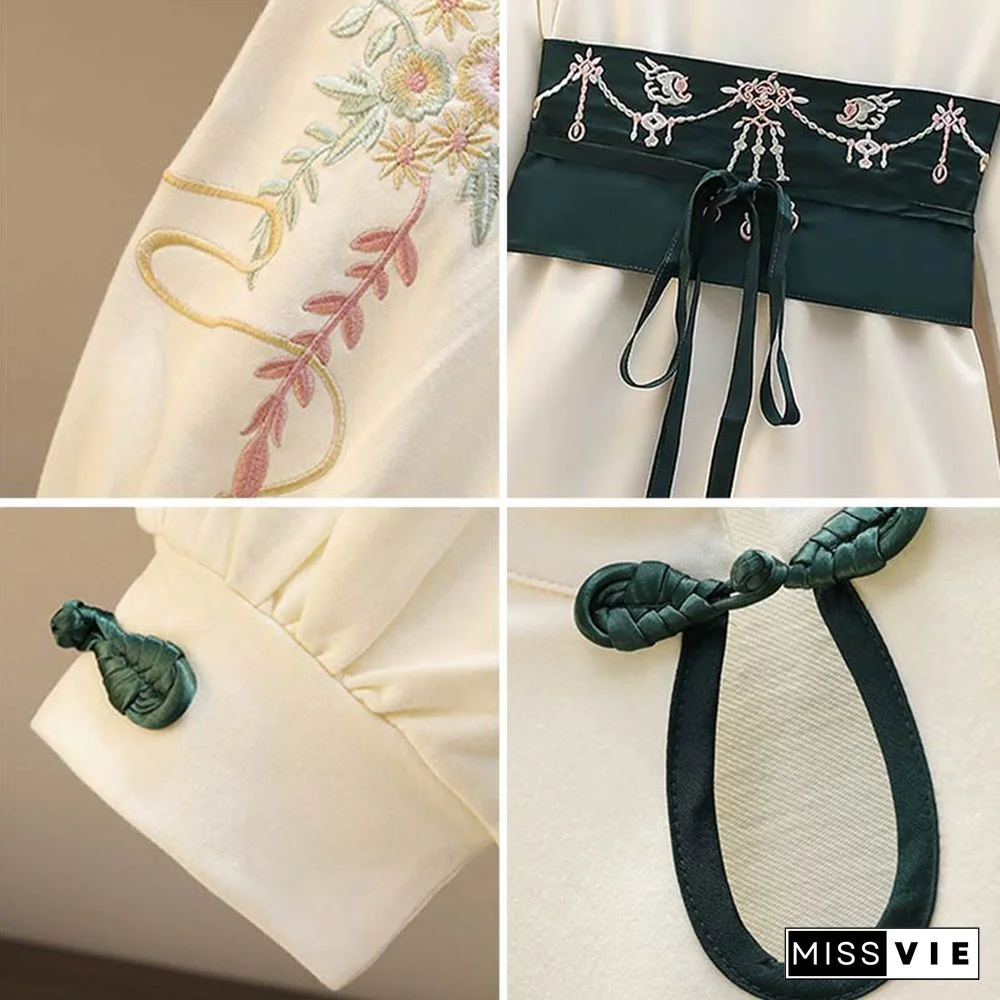 Vintage Crane Embroidery Plush Hooded Sweatshirt Dress