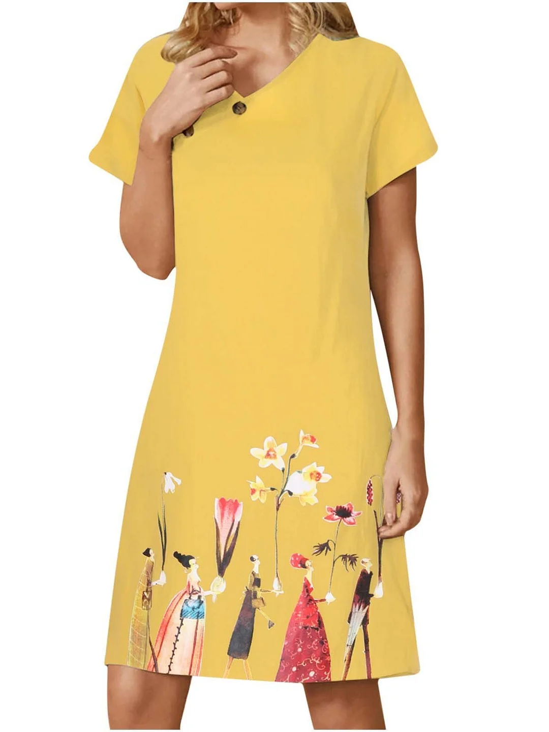 Women's Short Sleeve V-neck Printed Midi Dress