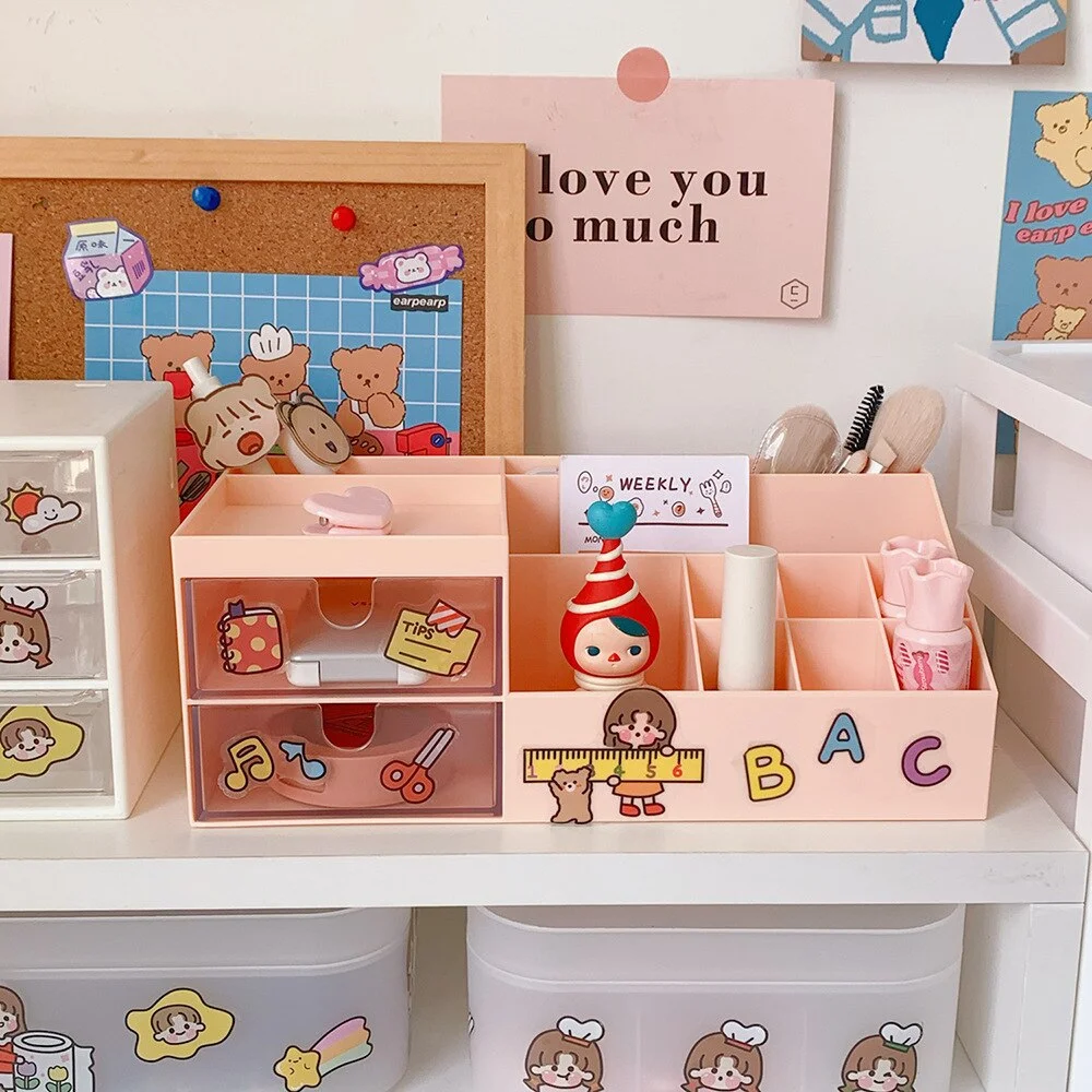 Desktop Storage Box W&G Kawaii Desktop Storage Box Three-color Pen Holder Drawer Type Cute Desktop Storage Pen Holder 515-1