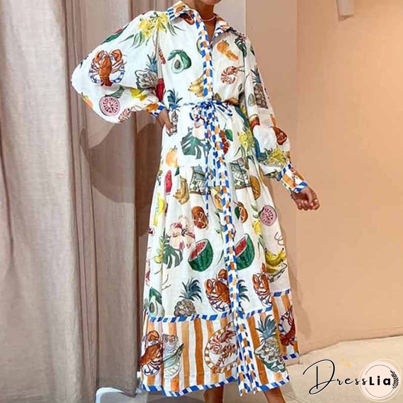 Women's Sleeve Printing Lapel Long Sleeves Large Dresses