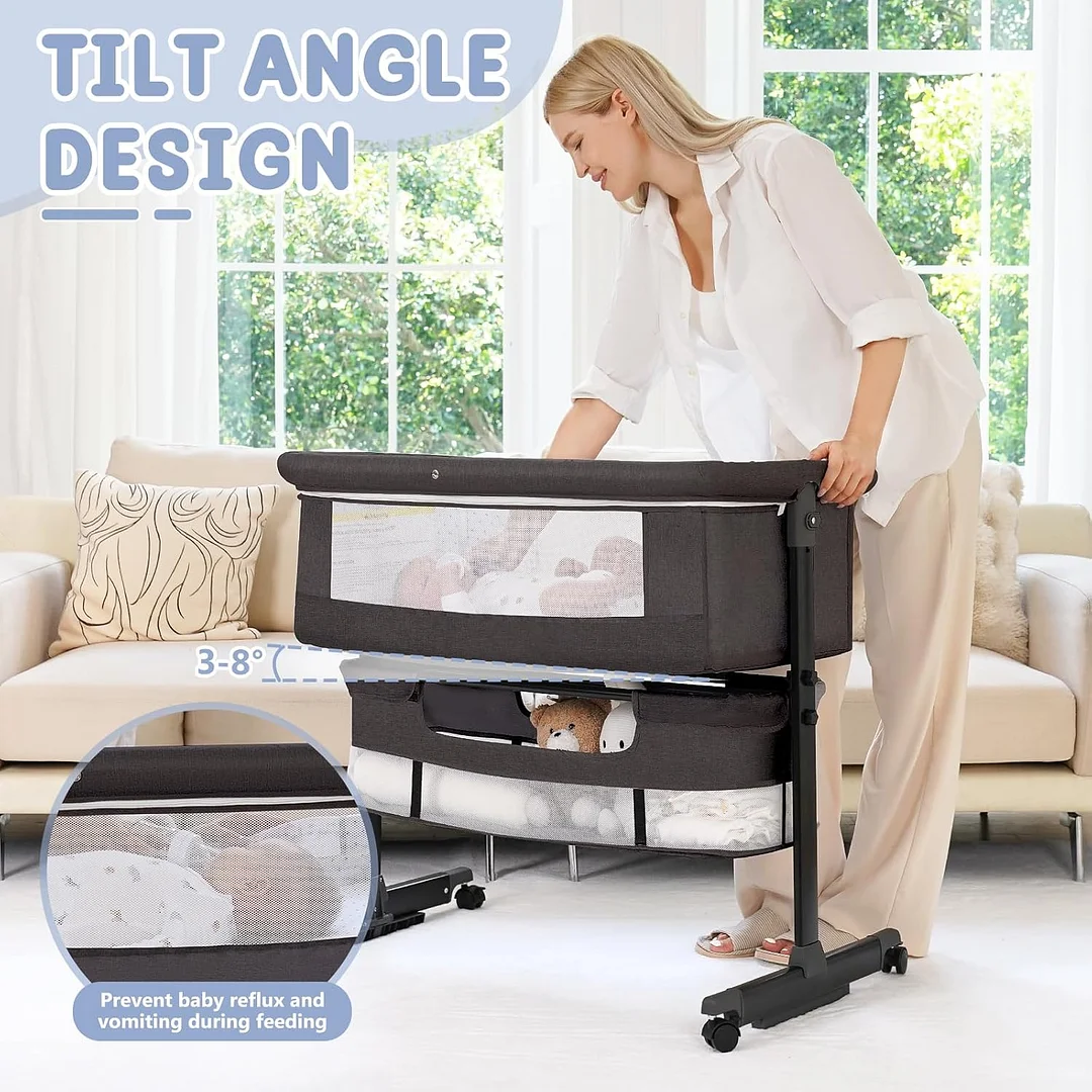 Baby Bassinet, 3 in 1 Bedside Bassinets for Baby, Bassinet Bedside Sleeper with Wheels, Adjustable Height with Rocking Mode, Breathable Mesh, Storage Basket, Easy Assemble & Folding (Dark Gray)