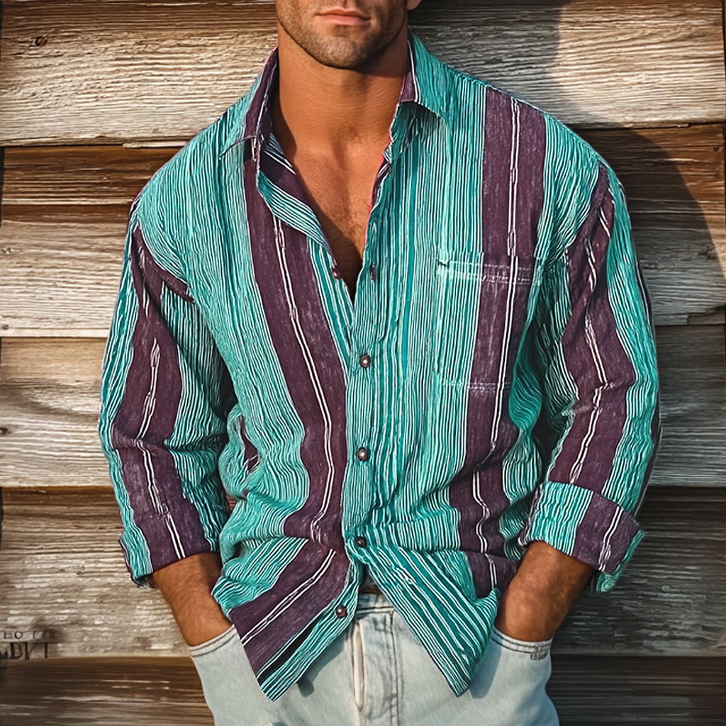 Men's Retro Colorblock Casual Striped Print Loose Long Sleeve Shirt