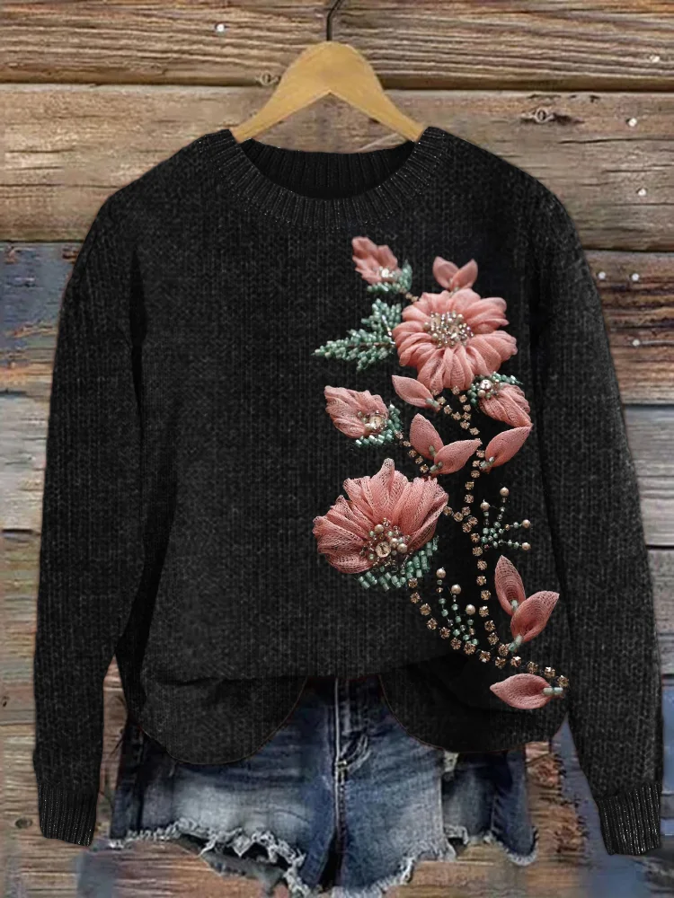 VChics Flowers Beaded Fiber Art Cozy Knit Sweater