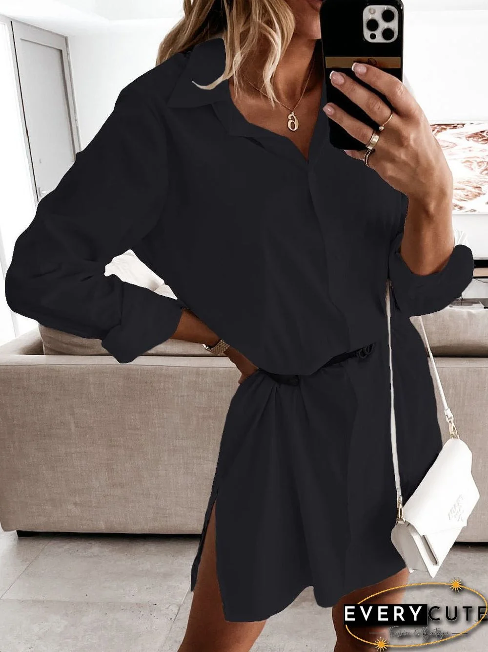 Women'S Dresses Solid Long Sleeve Slit Shirt Dress