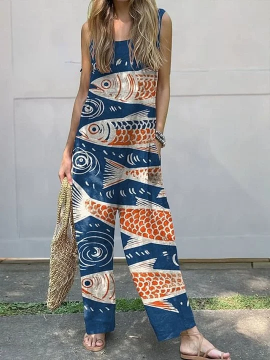 Women's Vintage Lovely Fish Art Print Casual 100% Cotton Wide Leg Jumpsuit