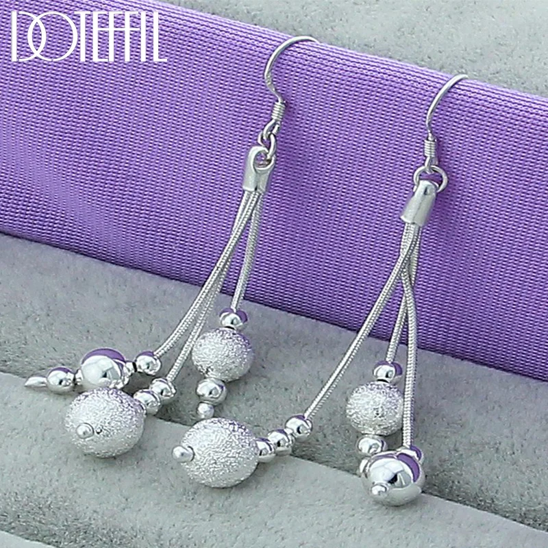 DOTEFFIL 925 Sterling Silver Smooth Matte Beads Drop Earrings For Woman Jewelry