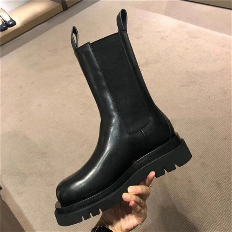 Yyvonne 2022 New Autumn Genuine Leather Women Chelsea Boots Thick Sole Platform Ankle Boots Flat Botas Mujer Slip-on Short Booties