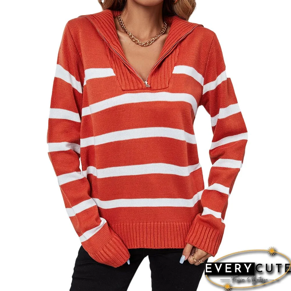 Rust Red Zip-up Stripe Print Knit Pullover Sweater