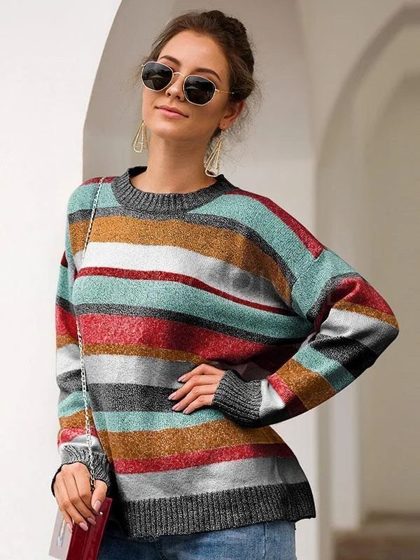 Two-Tone Flocked Striped Loose Sweater