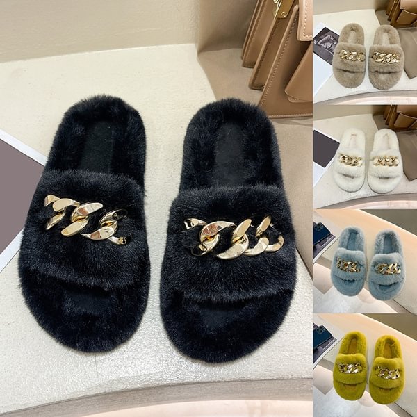 Furry Fur Slides Plush Slippers Gold Chain Fluffy Flip Flops Luxury Faux Fur Slippers Slip On Flats Women Fashion Home Shoes - Shop Trendy Women's Fashion | TeeYours