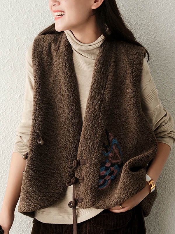 Vintage Loose Split-Joint Embroidered Lamb Wool Vest Outerwear