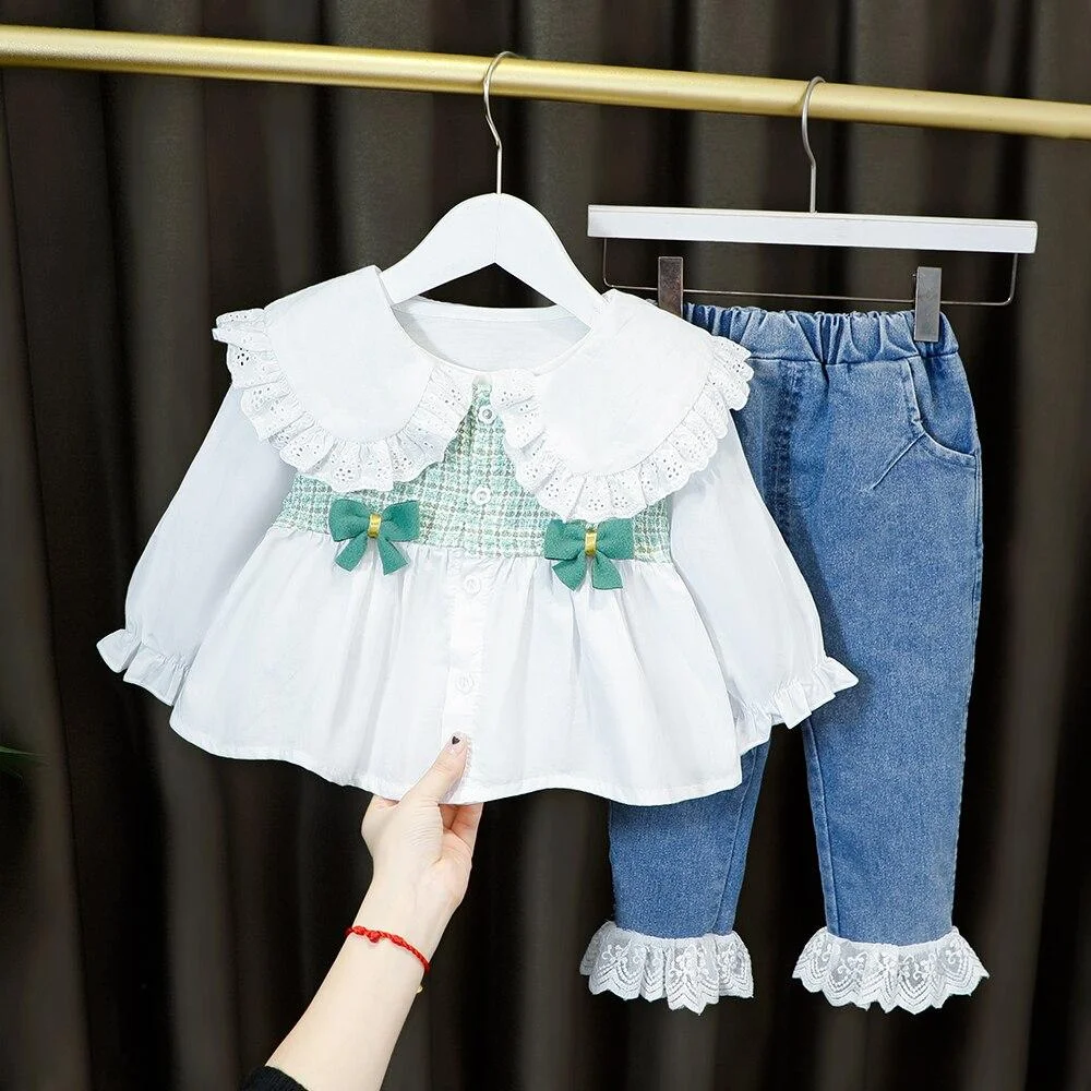 Long Sleeves Clothing Fashion Girls Fashion Lotus Leaf Collar Shirt + Jeans 2 PCS/Set Children Costume for 1 2 3 4 Y Party