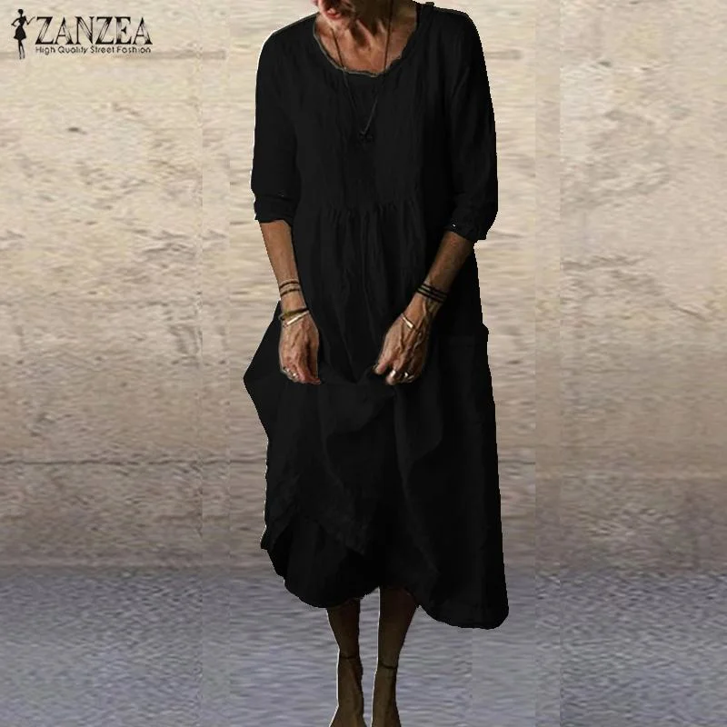 Summer Cotton Linen Dress ZANZEA Women 3/4 Sleeve Solid Autumn Sundress Elegant O neck Loose Work Vestido Robe Femme Dresses