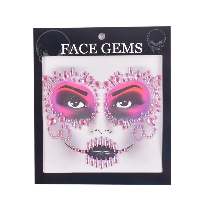 3D Gem Face Sticker Ghost Skull Face with Diamond Decoration Fashion Sexy Face Stickers Prom Holiday Party Face Decoration