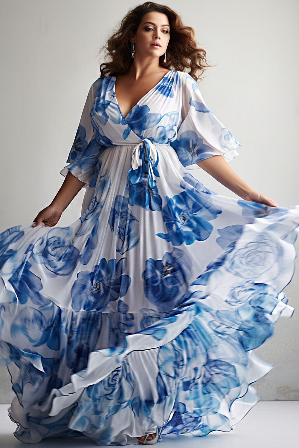 Flycurvy Plus Size Everyday Blue Floral Print Tiered Wrap Waist Half Sleeve Maxi Dress 2024 - Flycurvy 