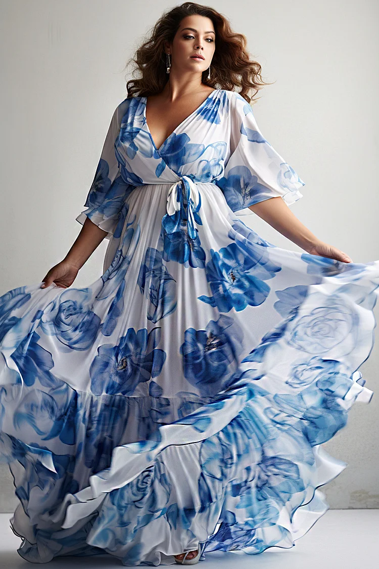 Flycurvy Plus Size Everyday Blue Floral Print Tiered Wrap Waist Half Sleeve Maxi Dress  Flycurvy [product_label]