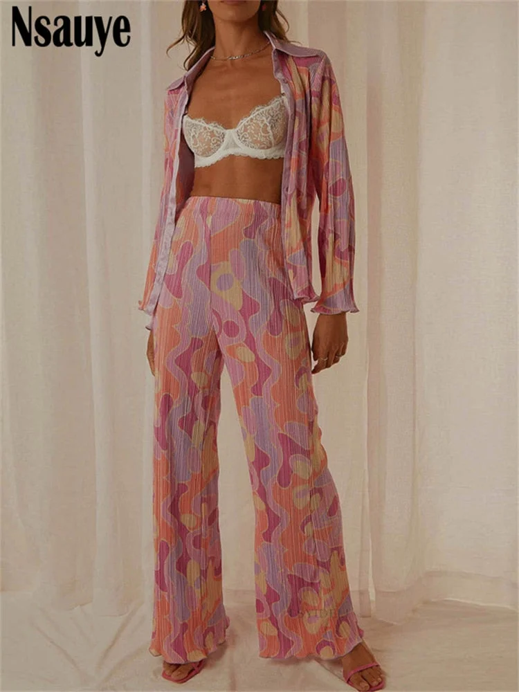 Nsauye 2022 Y2K Tracksuit Women Loose Two Piece Set Pleated  Wide Leg Pants Summer Casual Long Sleeve Shirt Tops With Trousers