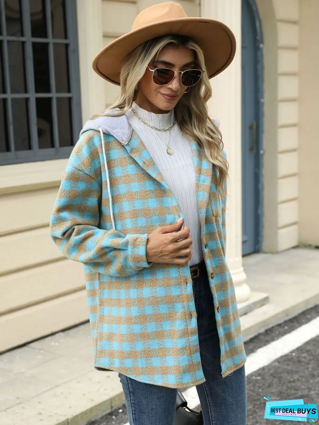 Drawstring Plaid Long Sleeve Hooded Jacket