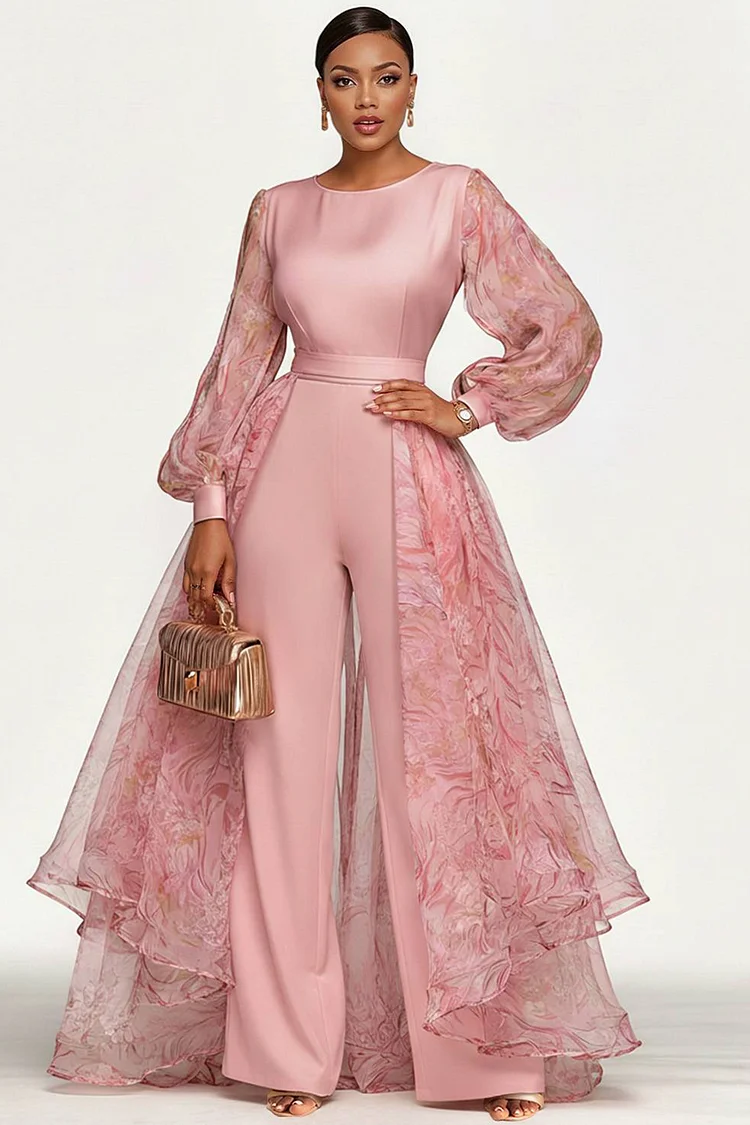 Xpluswear Design Plus Size Mother Of The Bride Pink Graphic Round Neck Puff Sleeve Long Sleeve With&nbsp;Skirt&nbsp;Overlay&nbsp;Pocket Chiffon Jumpsuits [Pre-Order] 2024 - Xpluswear