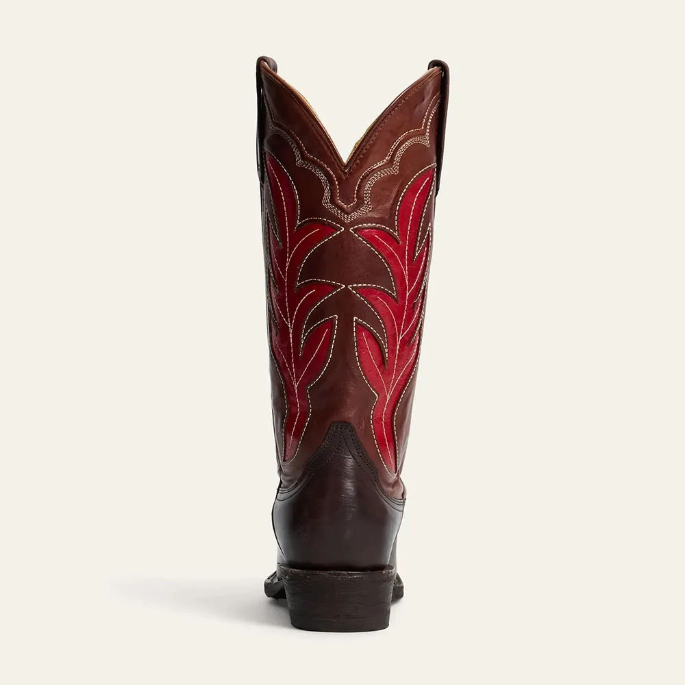 Brown & Tan Leaf Patchwork Inlay Snip Toe Cowboy Boots with Mid Calf