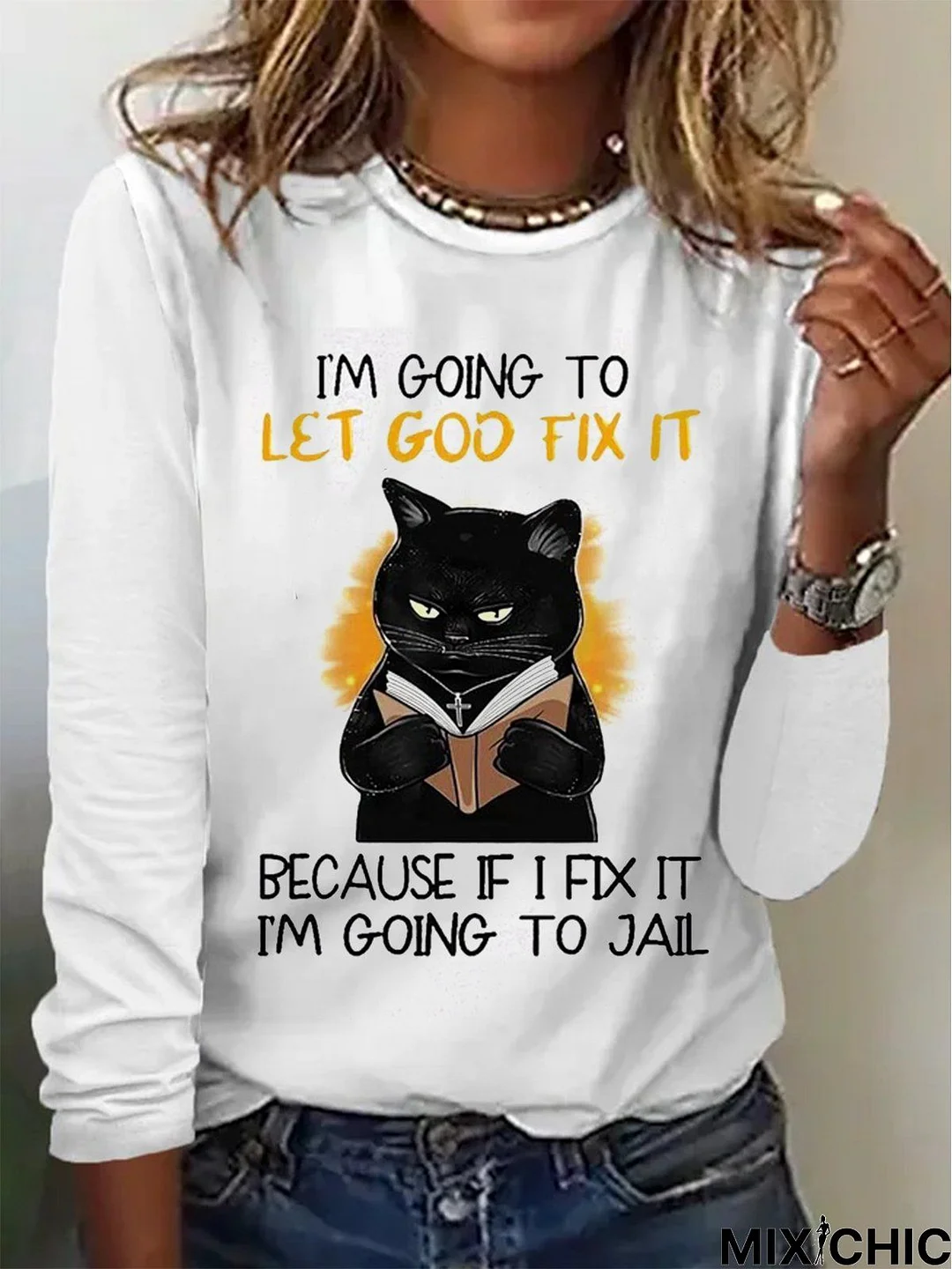 Casual Text Letters Cat Crew Neck Loose Long sleeve T-Shirt