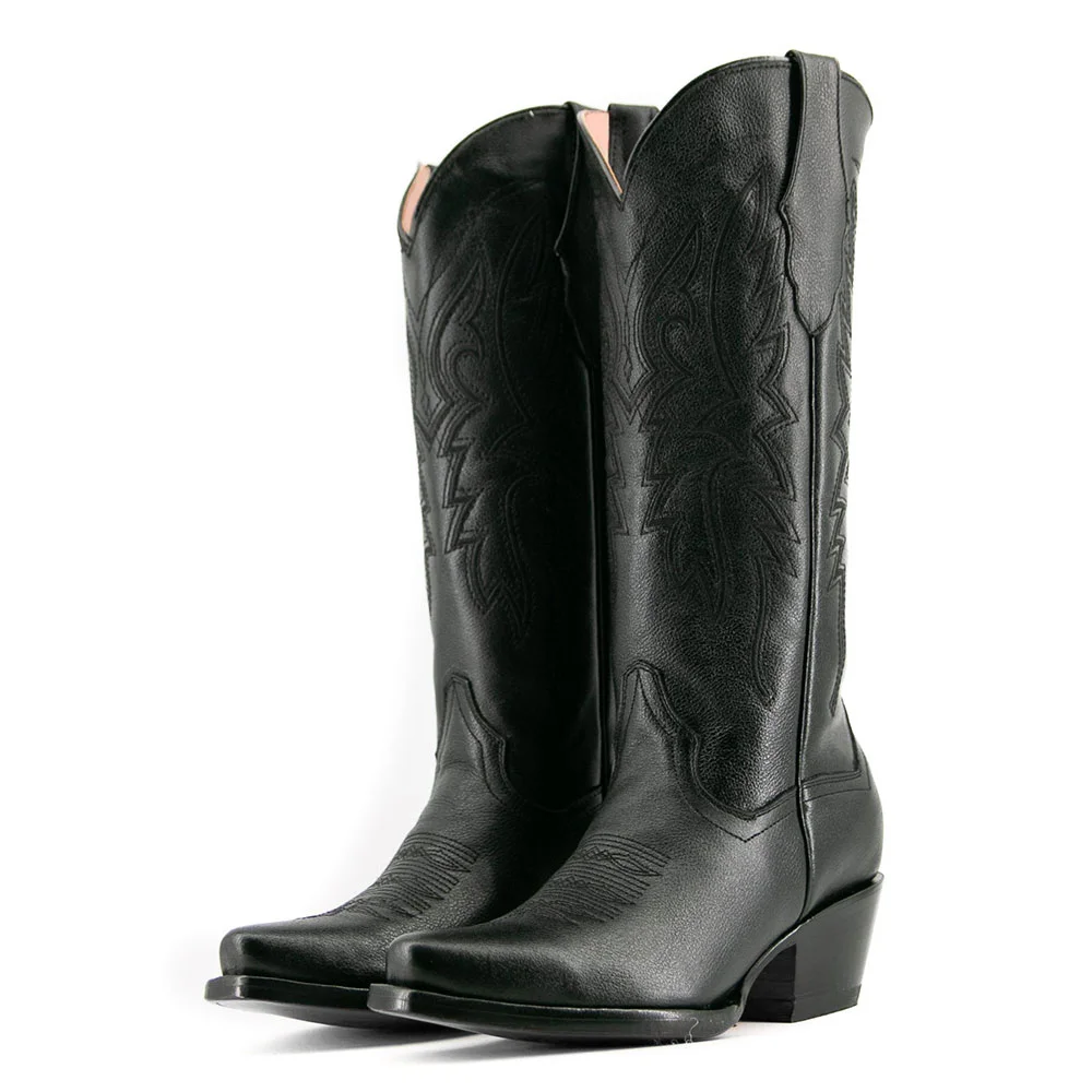 Black Embroidered Chunky Heel Snip Toe Mid-Calf Cowboy Boots for Women