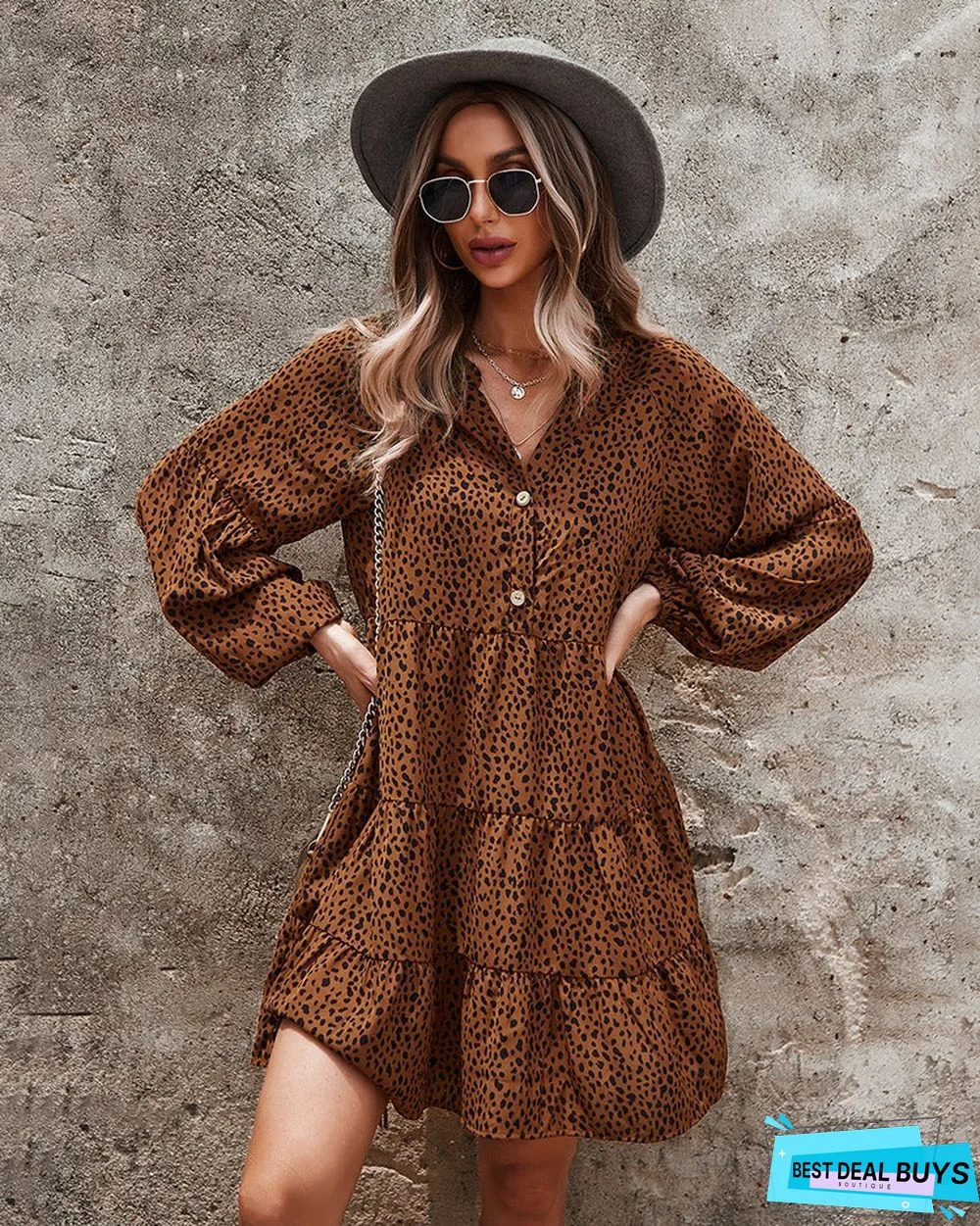 European and American Long Sleeve Fashion Women's Leopard Print Dress